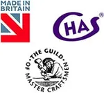 Made in Britain, CHAS and The Guild of Master Craftsmen accreditation logos The Handrail People